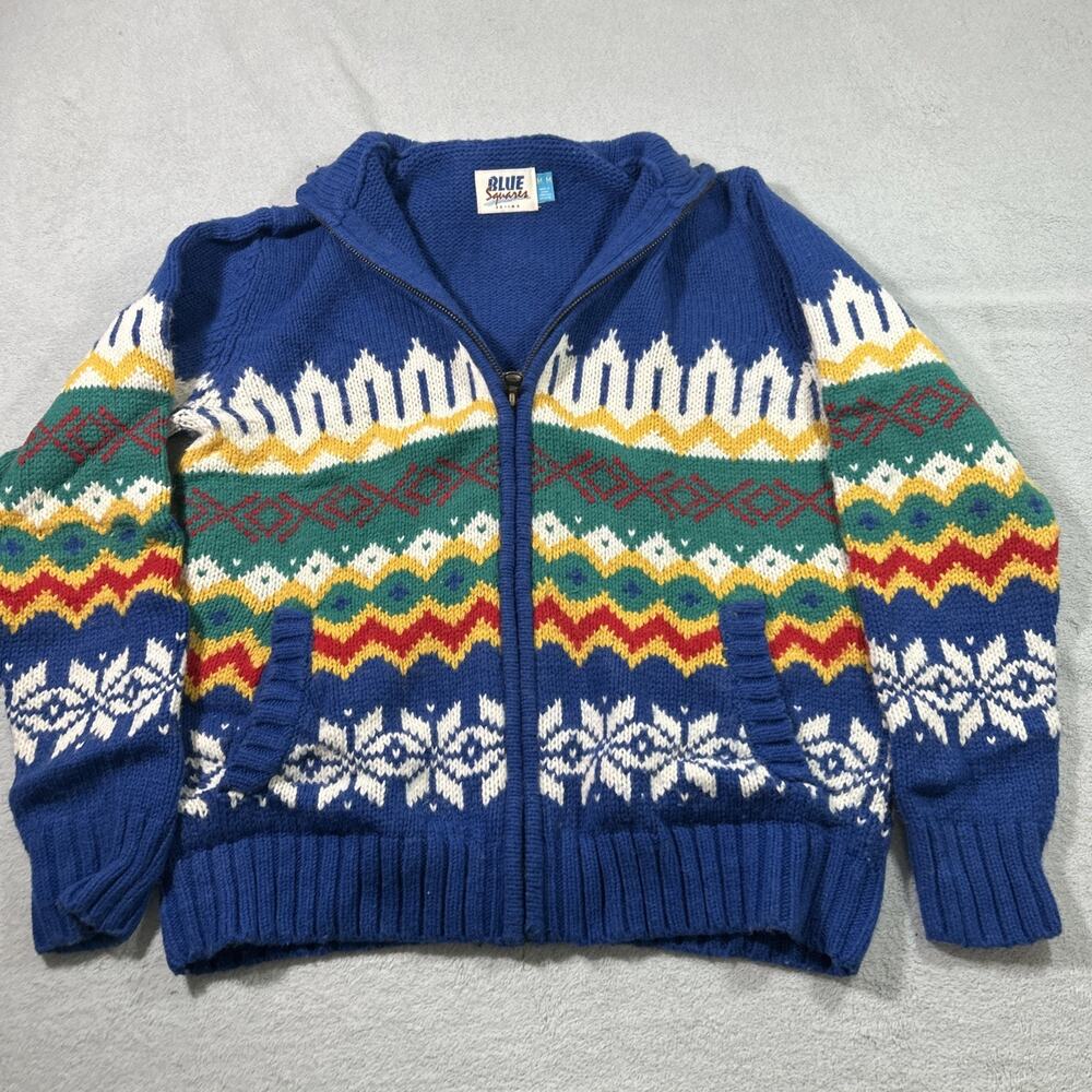 Y2k 2000s Retro Striped Cable Knit Wool Sweater Mens Medium Full Zip Holidays